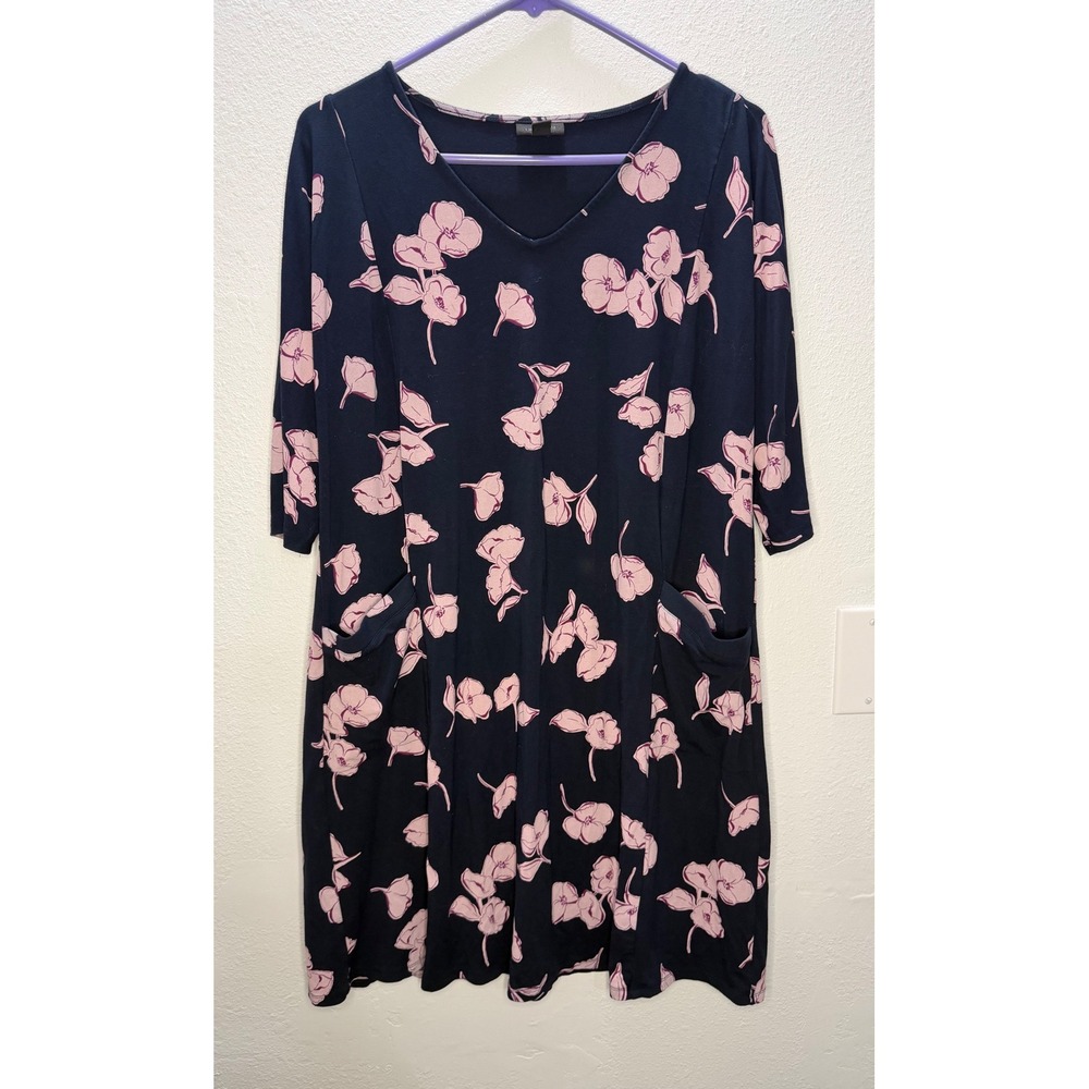 J. Jill Wearever Navy Pink Floral V-Neck Pocket Dress Medium Petite 3/4 Sleeve